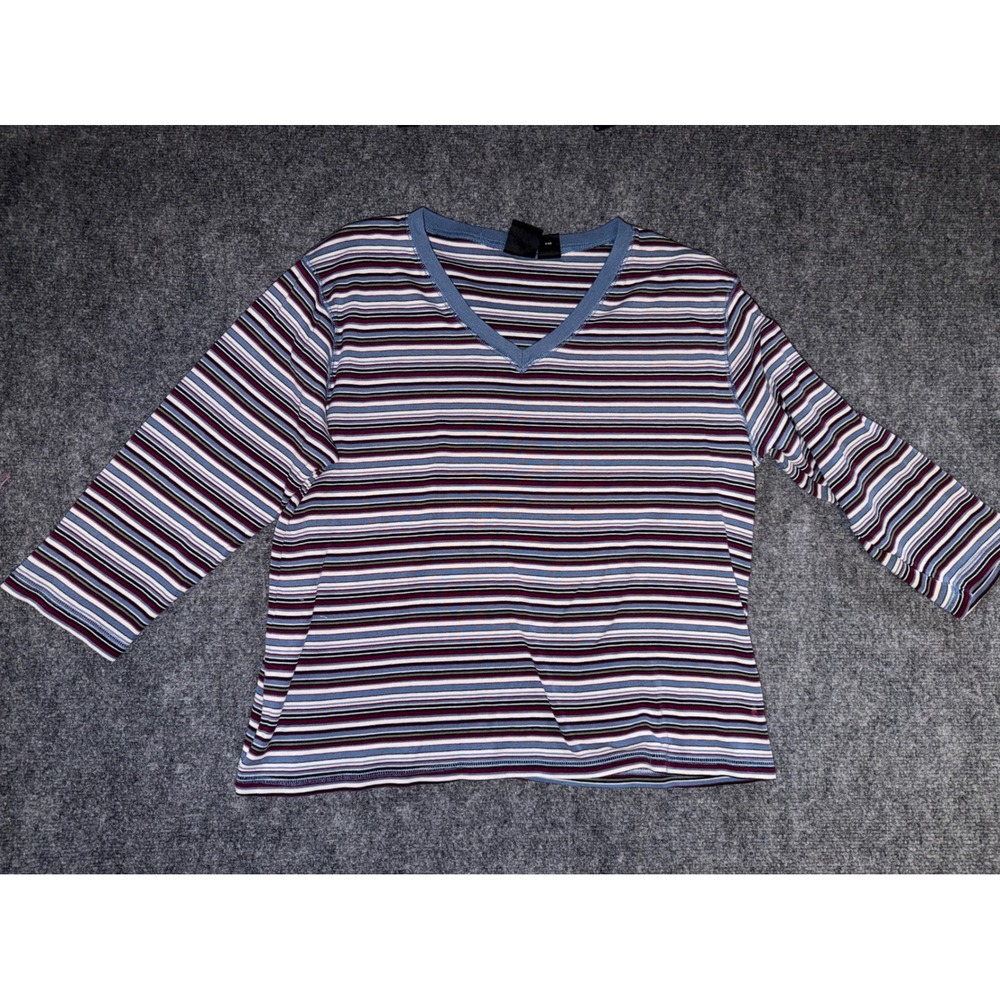 ERIKA Y2K Striped V-Neck 3/4 Sleeve Top Blue Burgundy Retro 2000s Size L